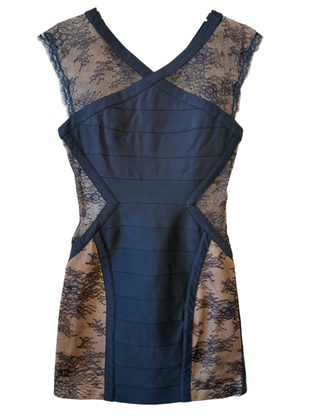 BCBGMaxAzria Navy Jess Lace‑Overlay Cross‑Front Mini Dress | Size 4